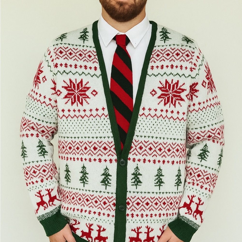 Festive Holiday Cardigan Sweater - Red, Green, White